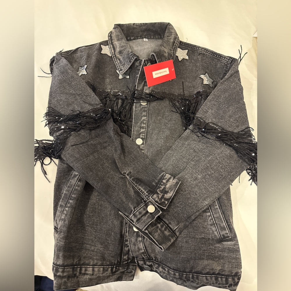 Western- style Gray Denim Jacket with Star and Fringe Accents -Size M